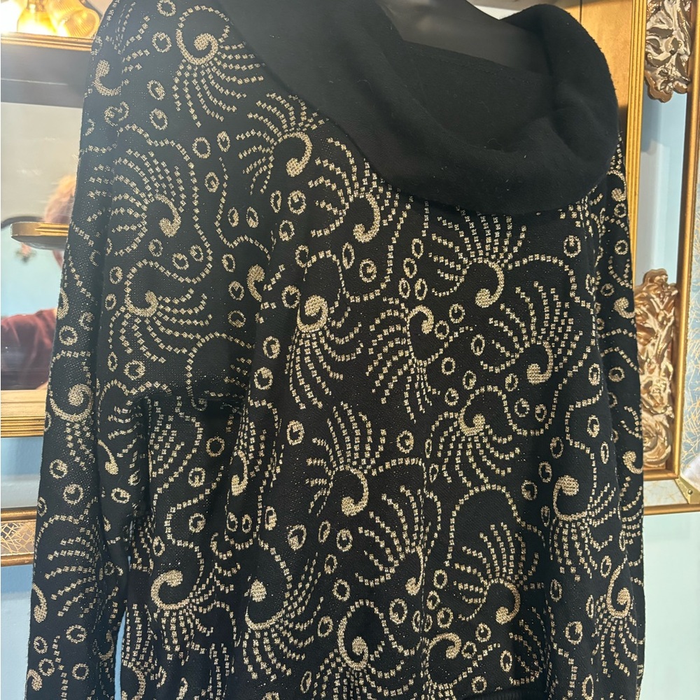 Vintage Aero 80’s Black & Gold Sweater Swirl Cowl Neck Drop Shoulder Sweater XL